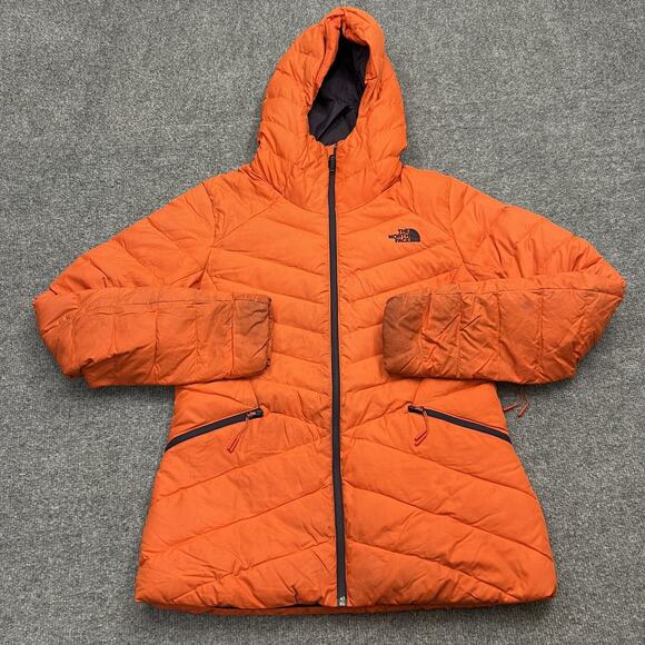 The North Face Jacket Womens Medium Orange Down Puffer Hooded Quilted Zip - Picture 1 of 9
